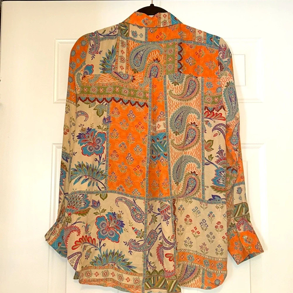 Rose & Olive Paisley Button-Up Shirt M Orange Boho Tie Knot Colorful Floral